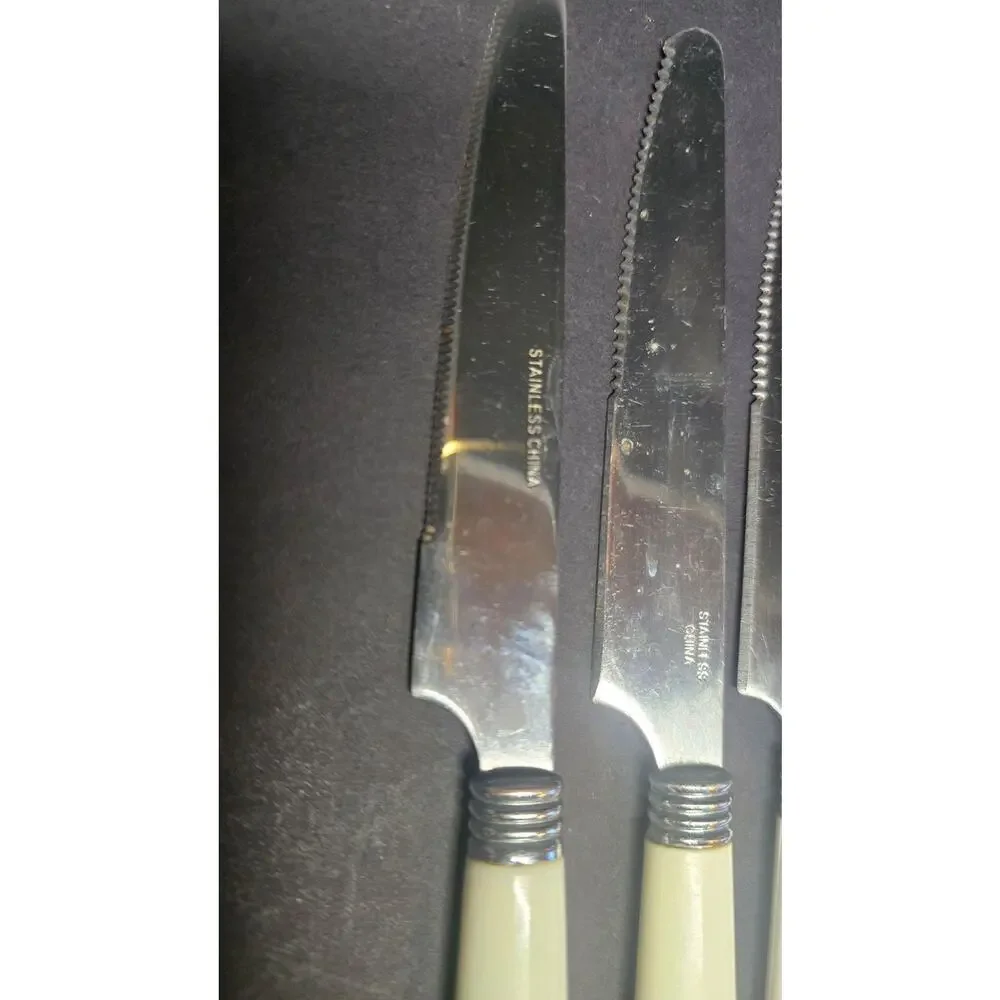 China Pearl Apple Handle Steak Knives Set Of 7 Stainless Kitchen Flatware